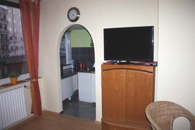 Wohn-Schlafzimmer mit Blick durch den Rundbogen in die Küchennische